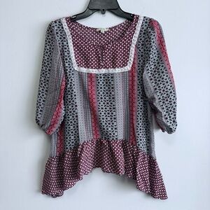 KORI AMERICA Boho Mixed Print Peplum Blouse Burgundy Lace Trim Floral Size M